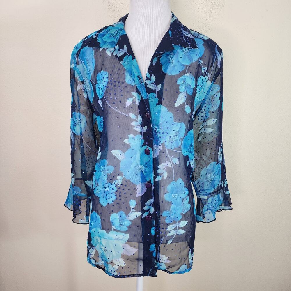 Draper's & Damon's Women's Blue Floral Glitter Button Down Blouse Shirt Size PL